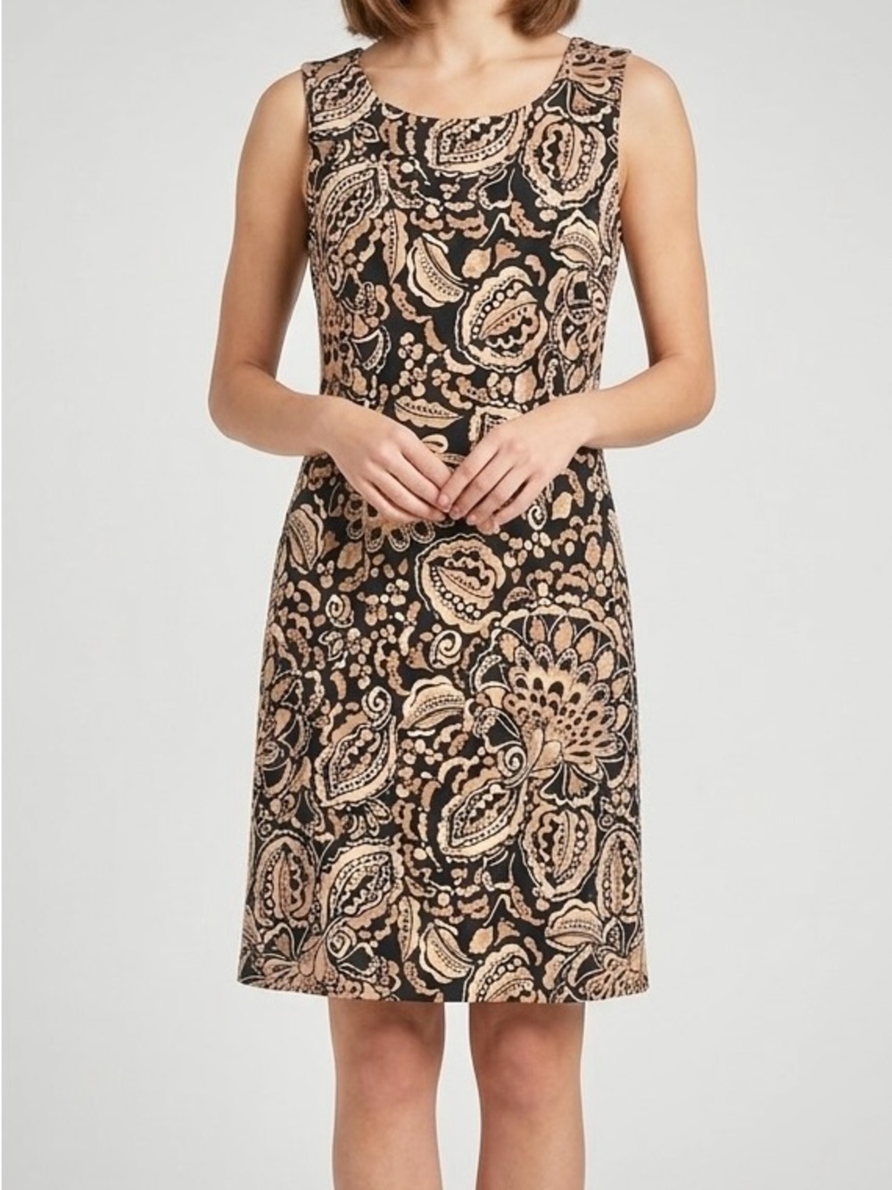 Tommy Hilfiger Paisley Stretch Knit Knee Length Shift Dress Tan Black Size 4